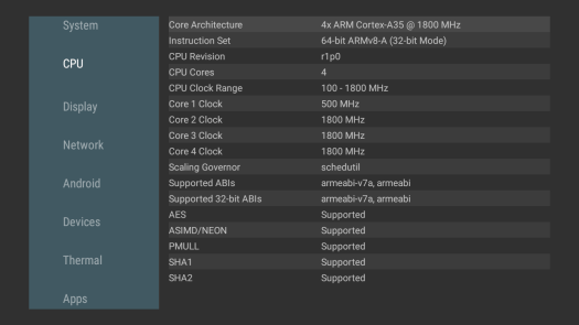 AIDA64 Amlogic S805X2 CPU info