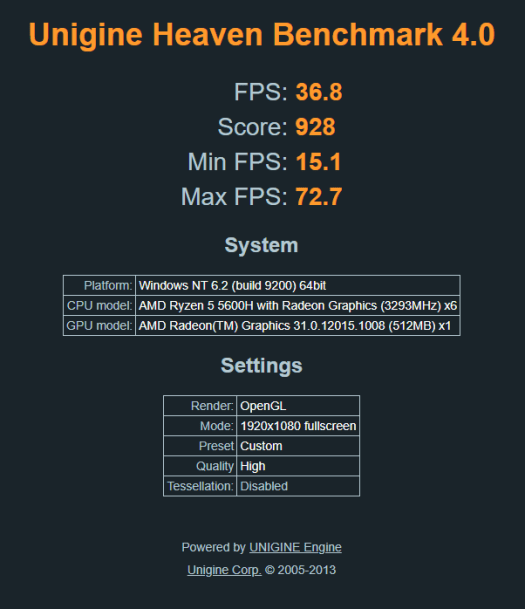 AMD Ryzen 5 5600U windows 11 heaven opengl benchmark