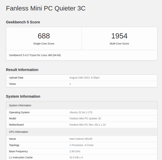 Fanless mini PC Quieter3C Ubuntu 22.04 Geekbench 5 CPU