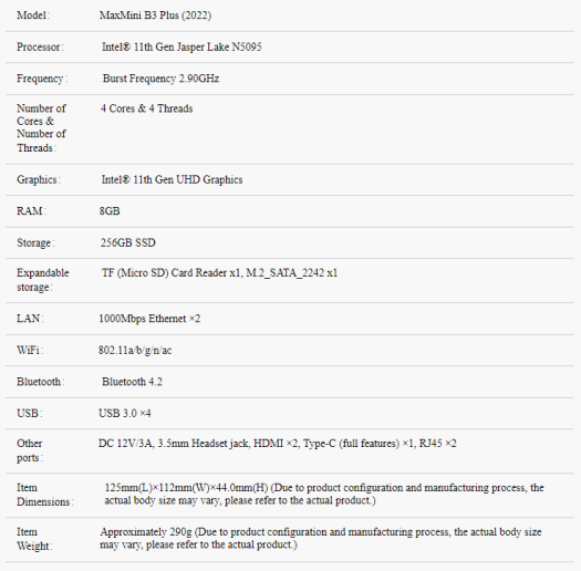 MaxMini B3 Plus specifications