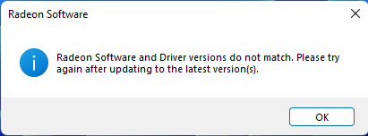 error: radeon software and driver versions do not match