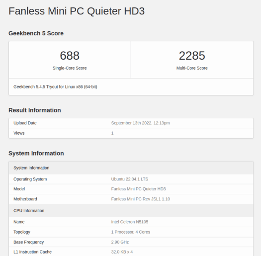 Fanless Mini PC Quieter HD3 Ubuntu Geekbench 5 CPU