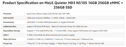 MeLE Quieter HD3 specifications