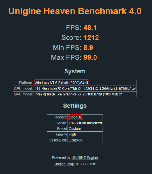 Windows11 OpenGL Unigine Heaven Benchmark 4.0