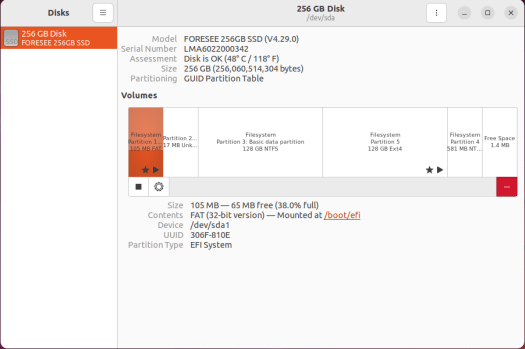 FORESEE 256GB SSD ubuntu disk management