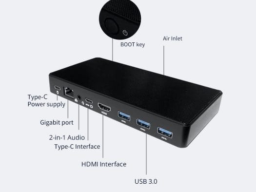 Mini PC JX1 con todos los puertos en el panel posterior