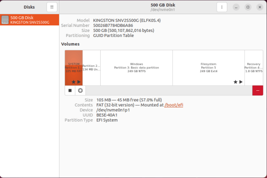 KINGSTON SNV2S500G ubuntu disk management