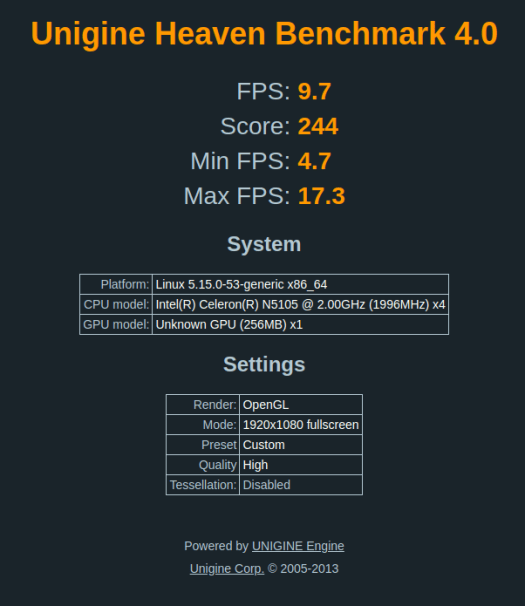 MeLE PCG02 Pro Ubuntu N5105 Heaven 3D graphics benchmark