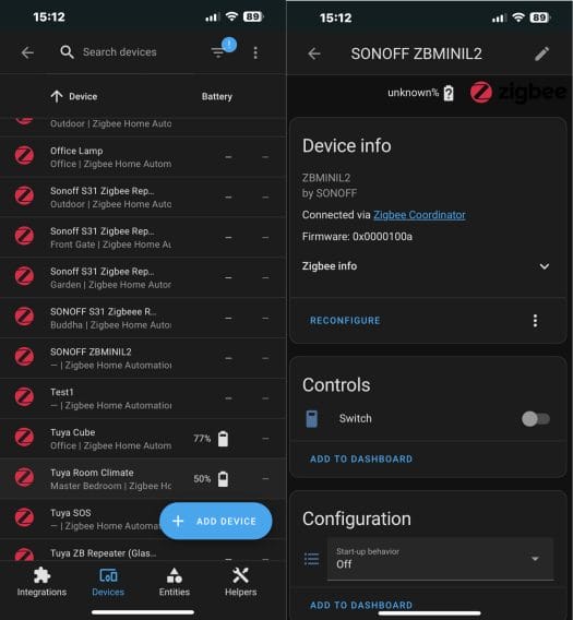 SONOFF ZBMINIL2 Home Assistant Android