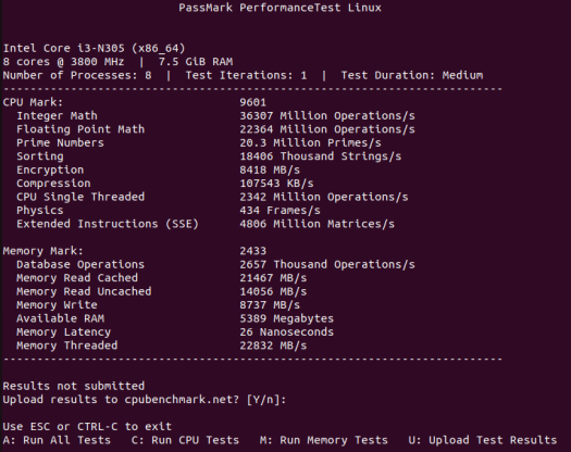 Core i3-N305 PassMark Linux