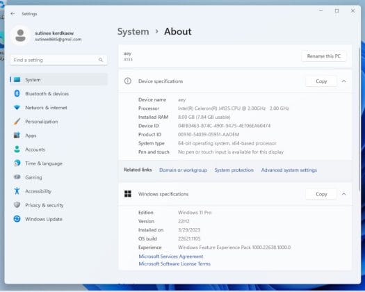 System About X133 Windows 11 Pro