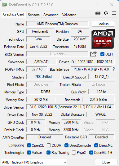 AMD Radeon Rembrandt GPU-Z