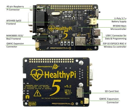 HealthyPi 5 Raspberry Pi RP2040 ESP32-C3 biosignal board