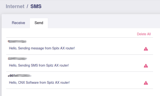 Spitz AX send SMS message failure