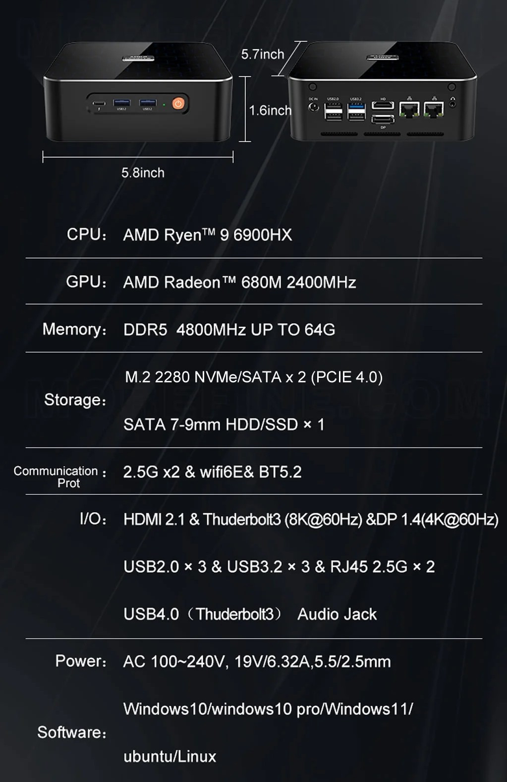 4K UHD GAME Mini PC AMD Ryzen 7 7735HS 32GB DDR5 512GB SSD Windows 11 WiFi  BT5.2