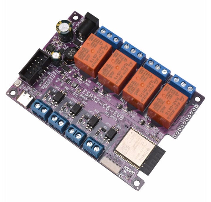 Olimex ESP32C6EVB supports WiFi 6, BLE, Zigbee, comes with four relays, four optoisolated