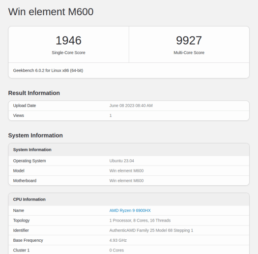 Win Element M600 Geekbench 6 Ubuntu 23.04