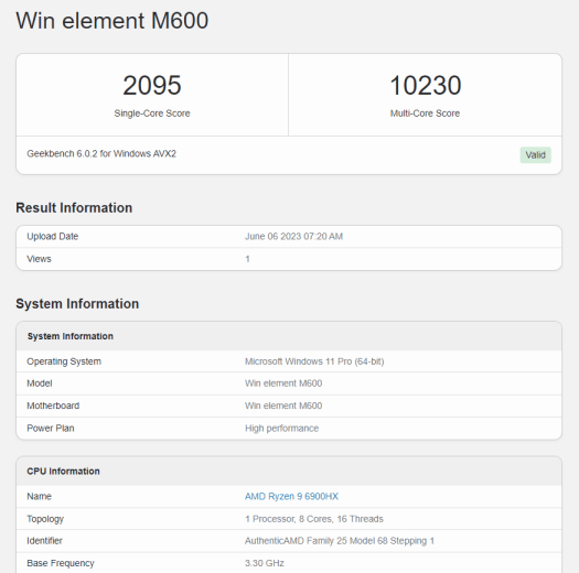 Win element M600 Geekbench 6