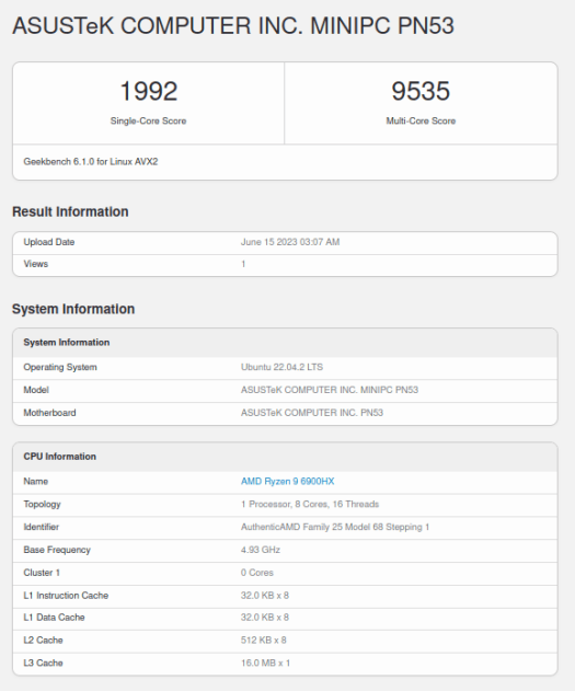 GEEKOM AS 6 PN53 Geekbench 6 Linux
