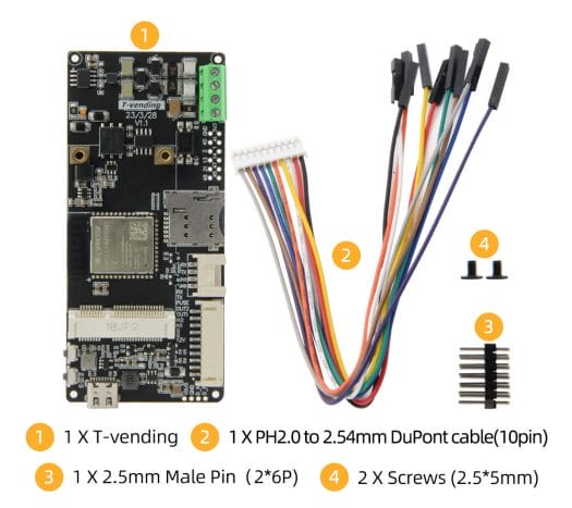 LILYGO T-Vending board with cable, header, and screws