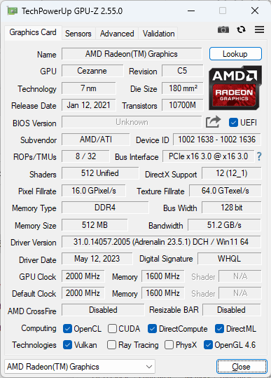 GPU Z AMD Radeon Vega 8 Graphics