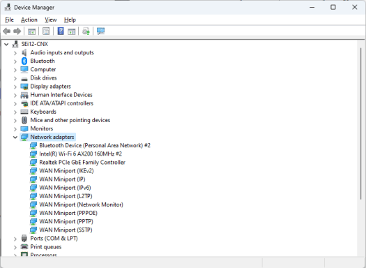 Beelink SEi12 i7-12650H Device Manager Network Adapters