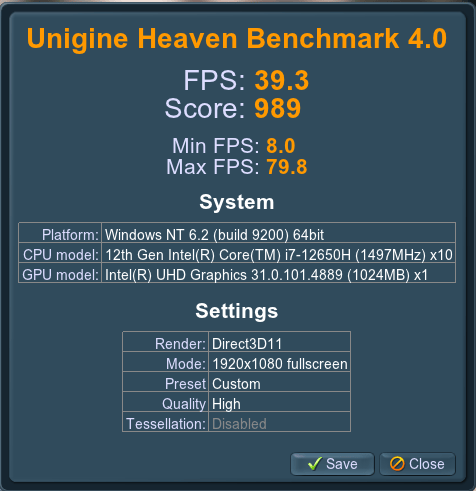 Intel Core i7-12650H Unigine Heaven Benchmark 4.0 GPU